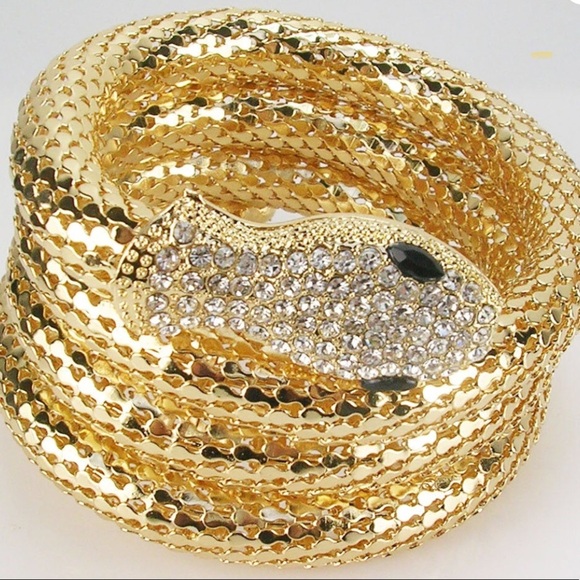 ⚜️ Kenneth Jay Lane Shimmering Gold Mesh and Clear Crystal Snake Wrap Bracelet - Picture 13 of 16